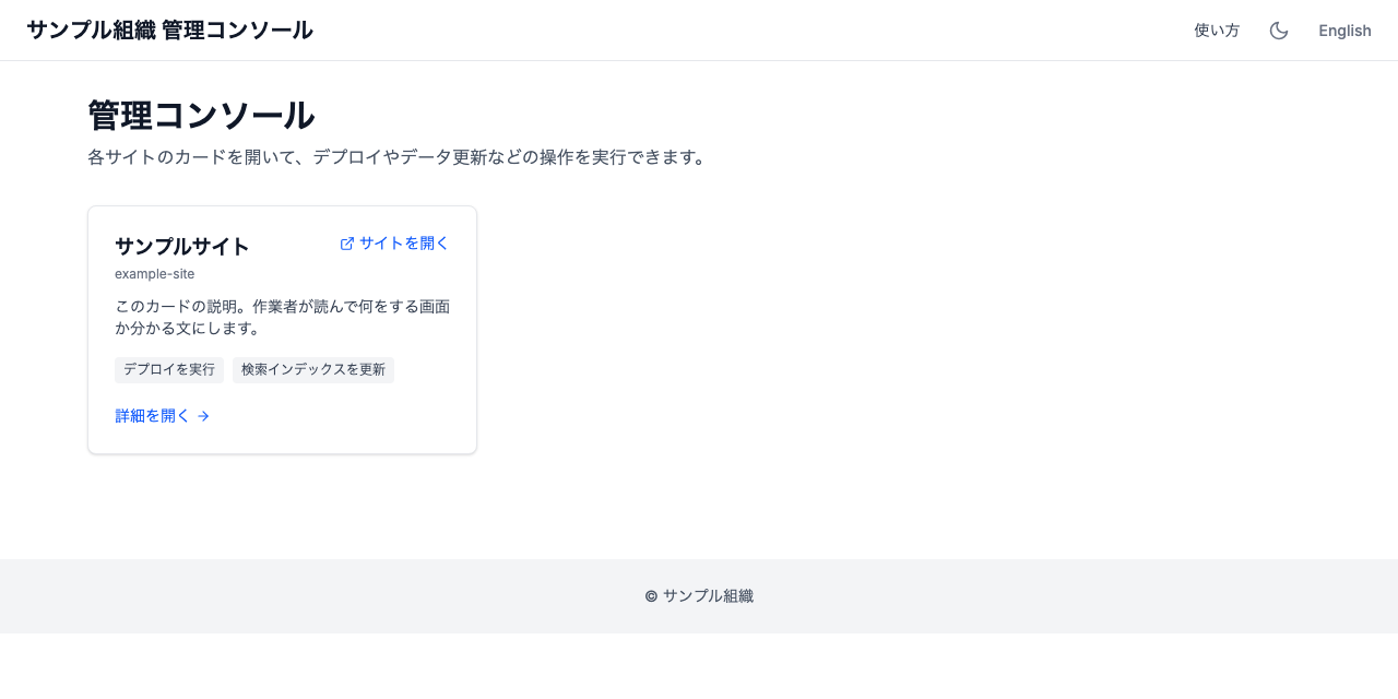 管理コンソールのホーム画面のスクリーンショット。ヘッダーに「サンプル組織 管理コンソール」、右側に「使い方」「ダークモード切り替え」「English」が並ぶ。本文には「管理コンソール」という見出しと「各サイトのカードを開いて、デプロイやデータ更新などの操作を実行できます。」という説明があり、その下に「サンプルサイト(example-site)」のカードが 1 枚。カードの右上には「サイトを開く」リンク、本文にはサイトの説明文、「デプロイを実行」「検索インデックスを更新」の 2 つの操作名、「詳細を開く」リンクが並ぶ。ページ下部のフッターには「© サンプル組織」と表示されている。