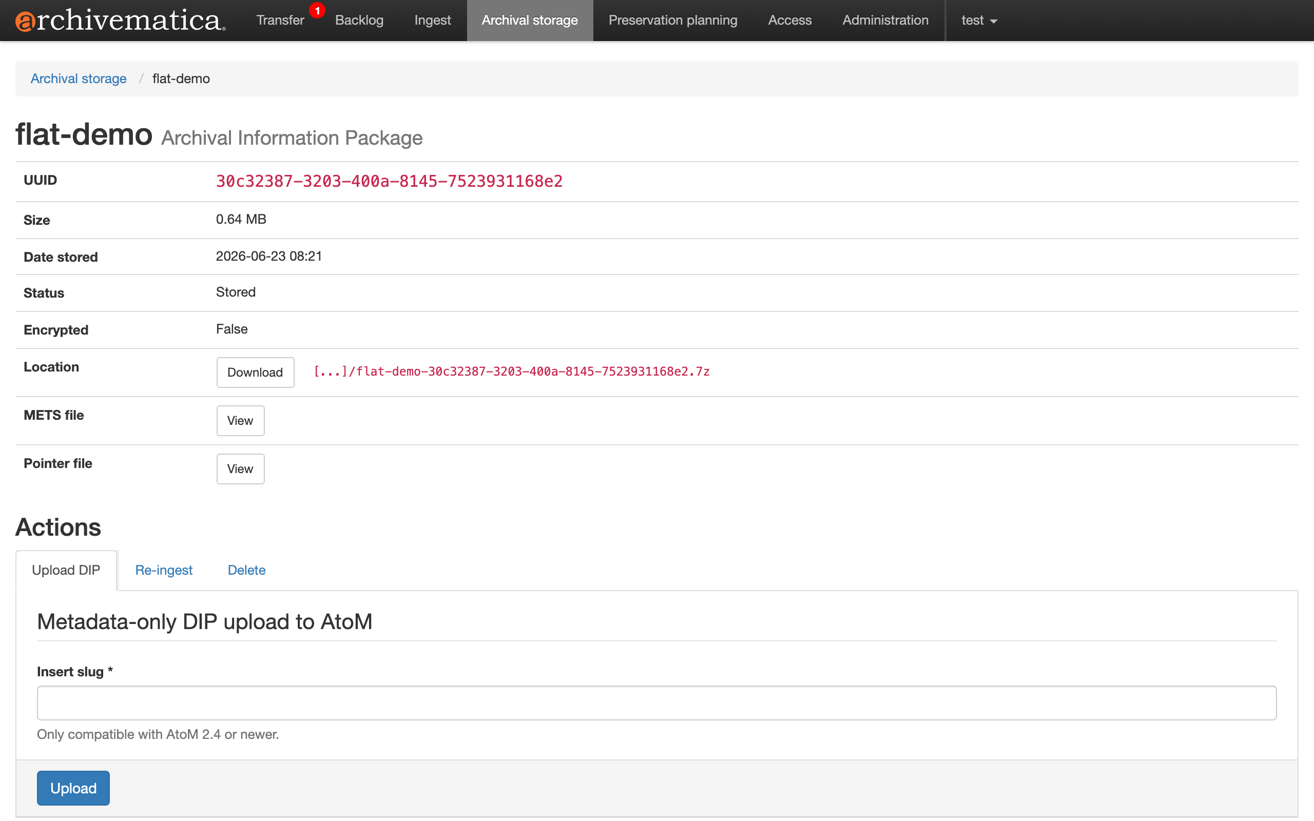 生成された flat-demo の AIP(Stored)。METS file の View、Re-ingest アクションが見える