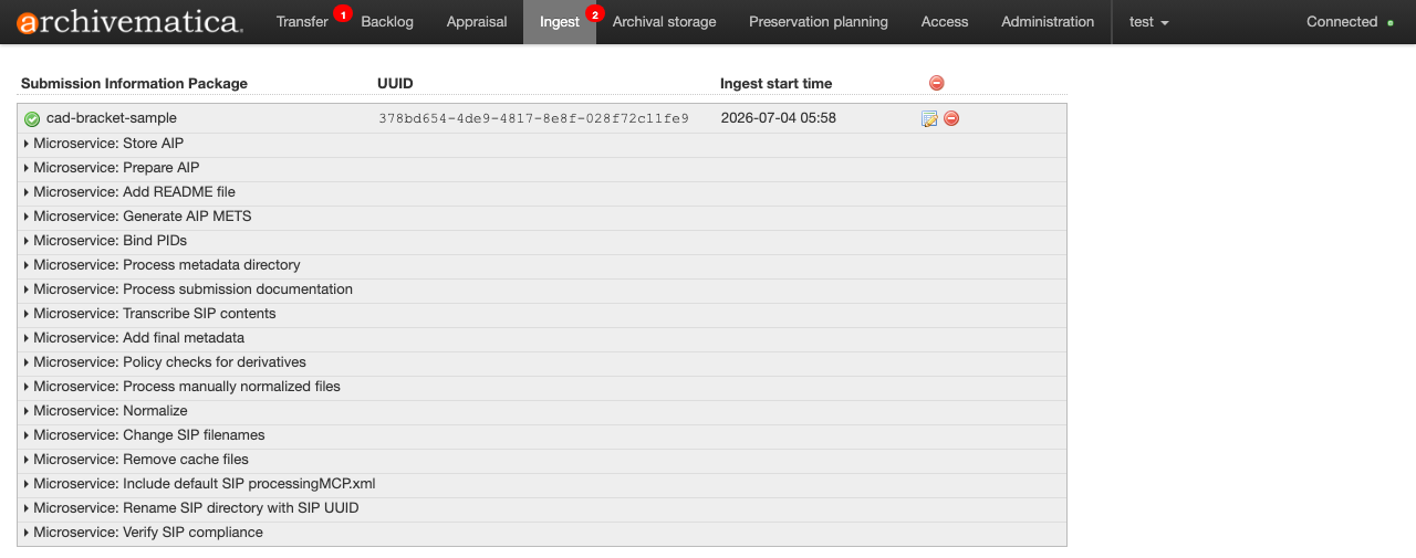 Archivematica の Ingest タブで cad-bracket-sample の全マイクロサービスが完了した様子