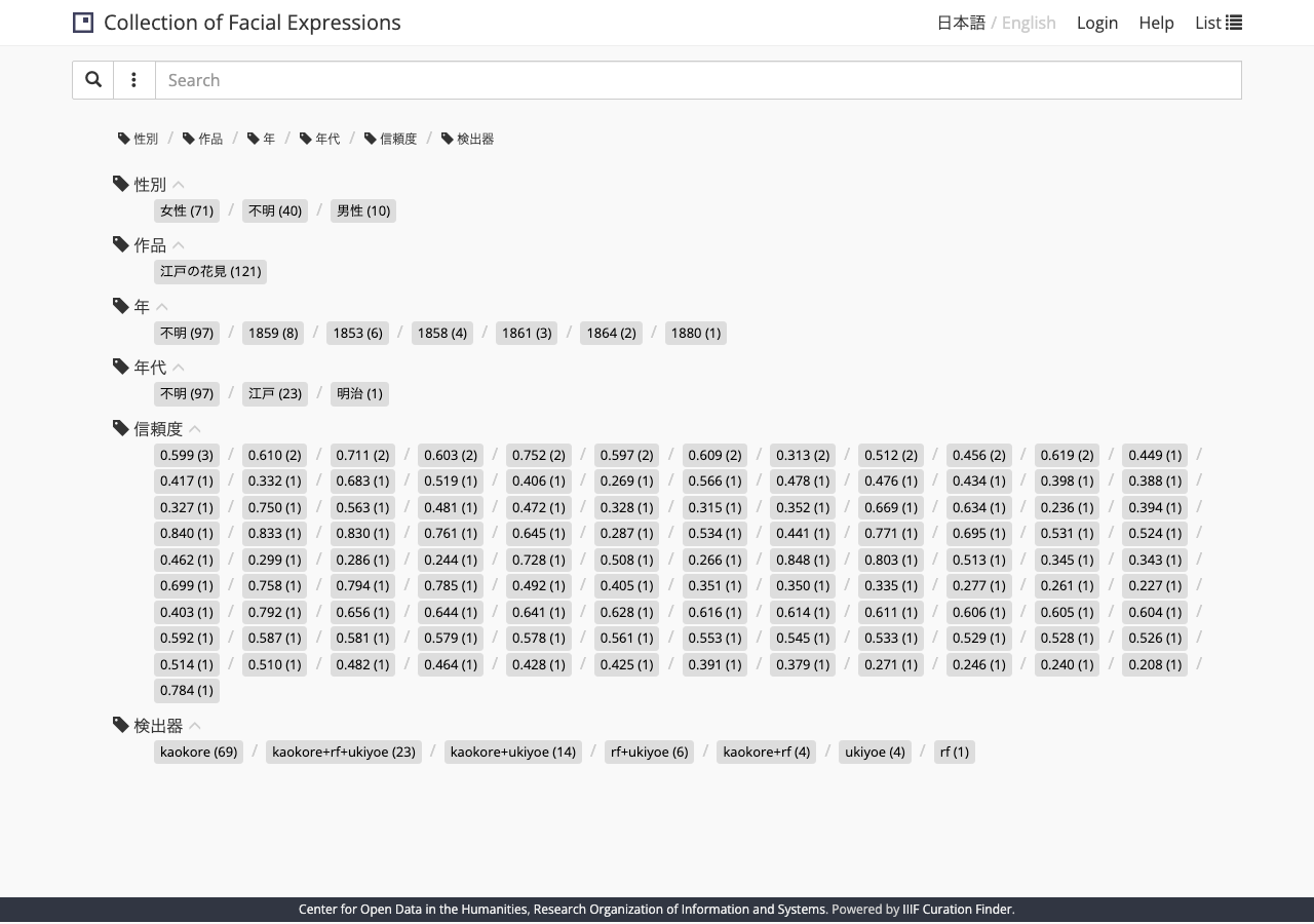 IIIF Curation Finder のファセット一覧