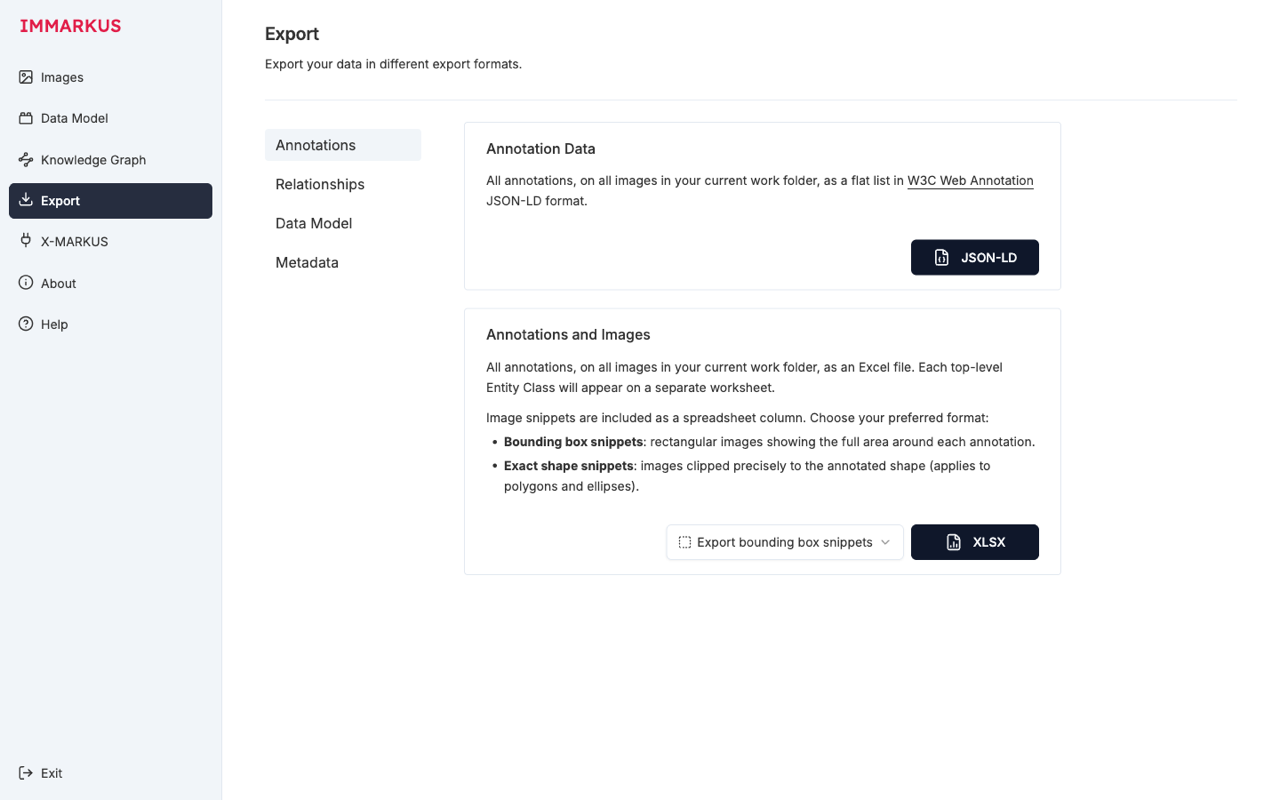 Export 画面。Annotation Data の JSON-LD と、画像スニペット付き XLSX の 2 種類がカードで提示される