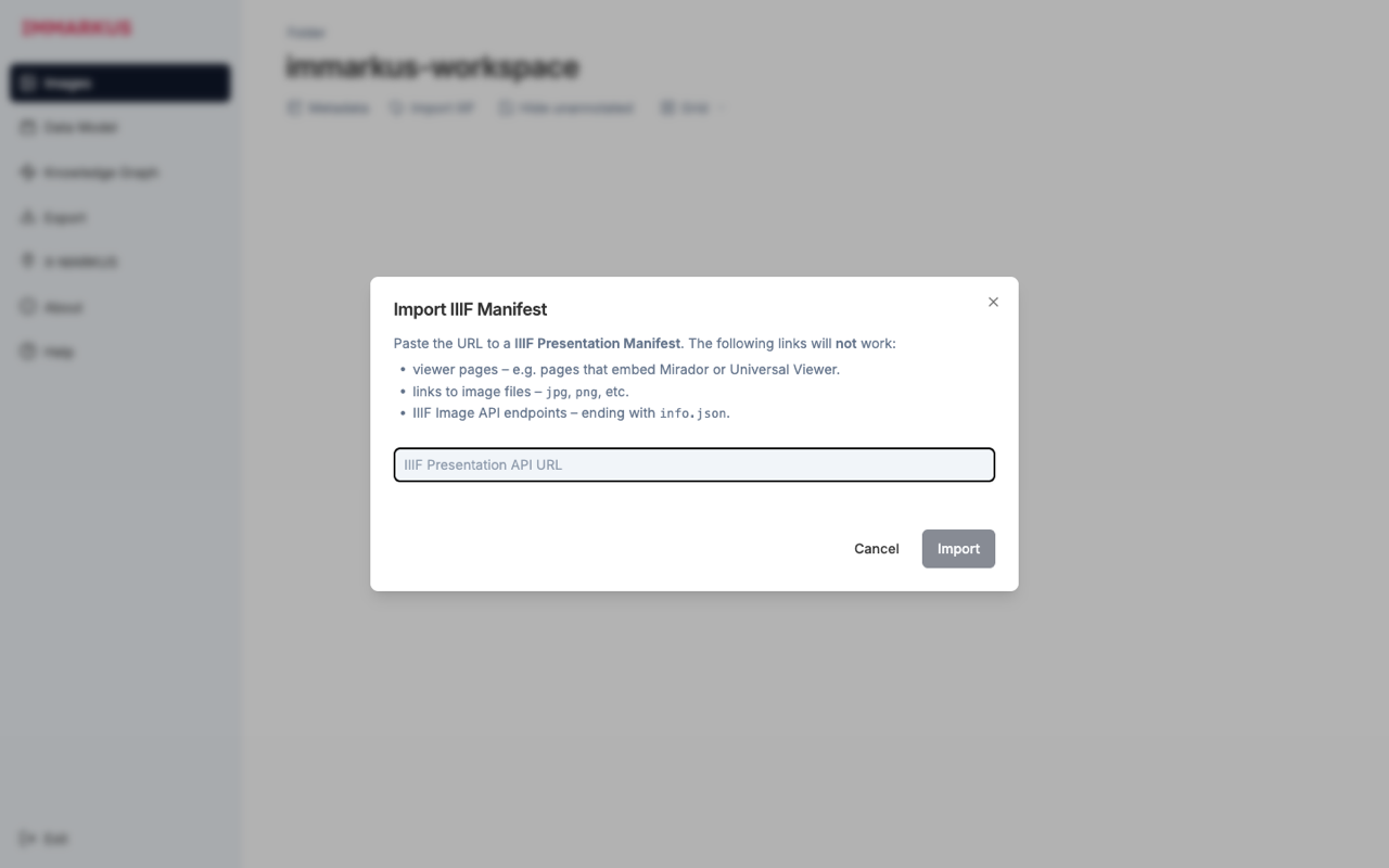 Import IIIF Manifest ダイアログ：受け付けない URL の例も明記されている