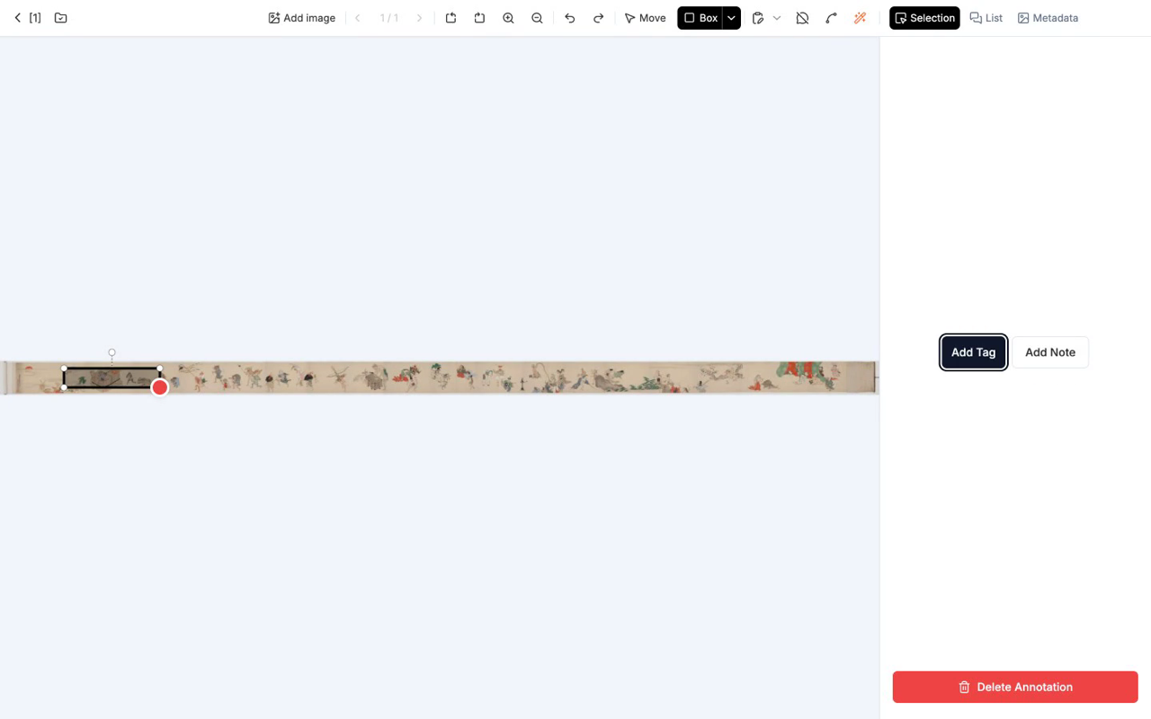 Box で領域を描いた直後。右パネルに Add Tag / Add Note が表示される