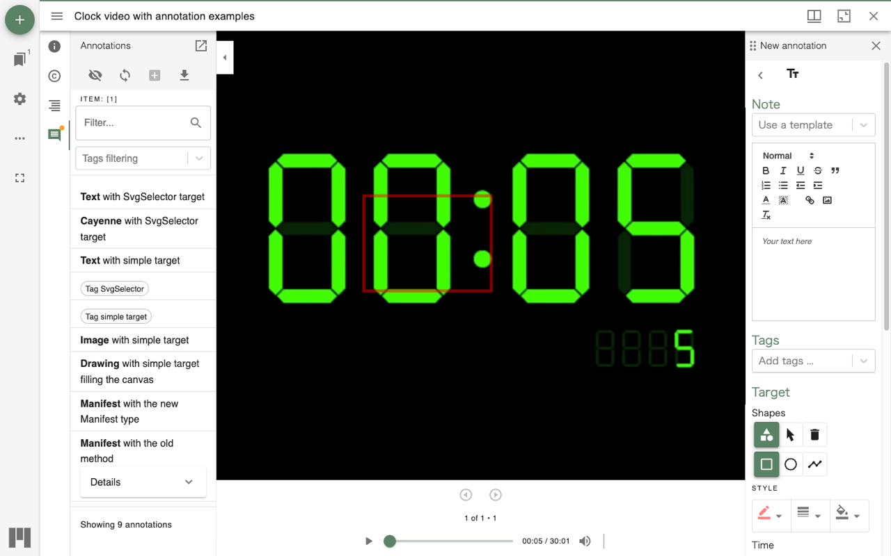 Spatial targets drawn on the video frame with a rectangle and a circle