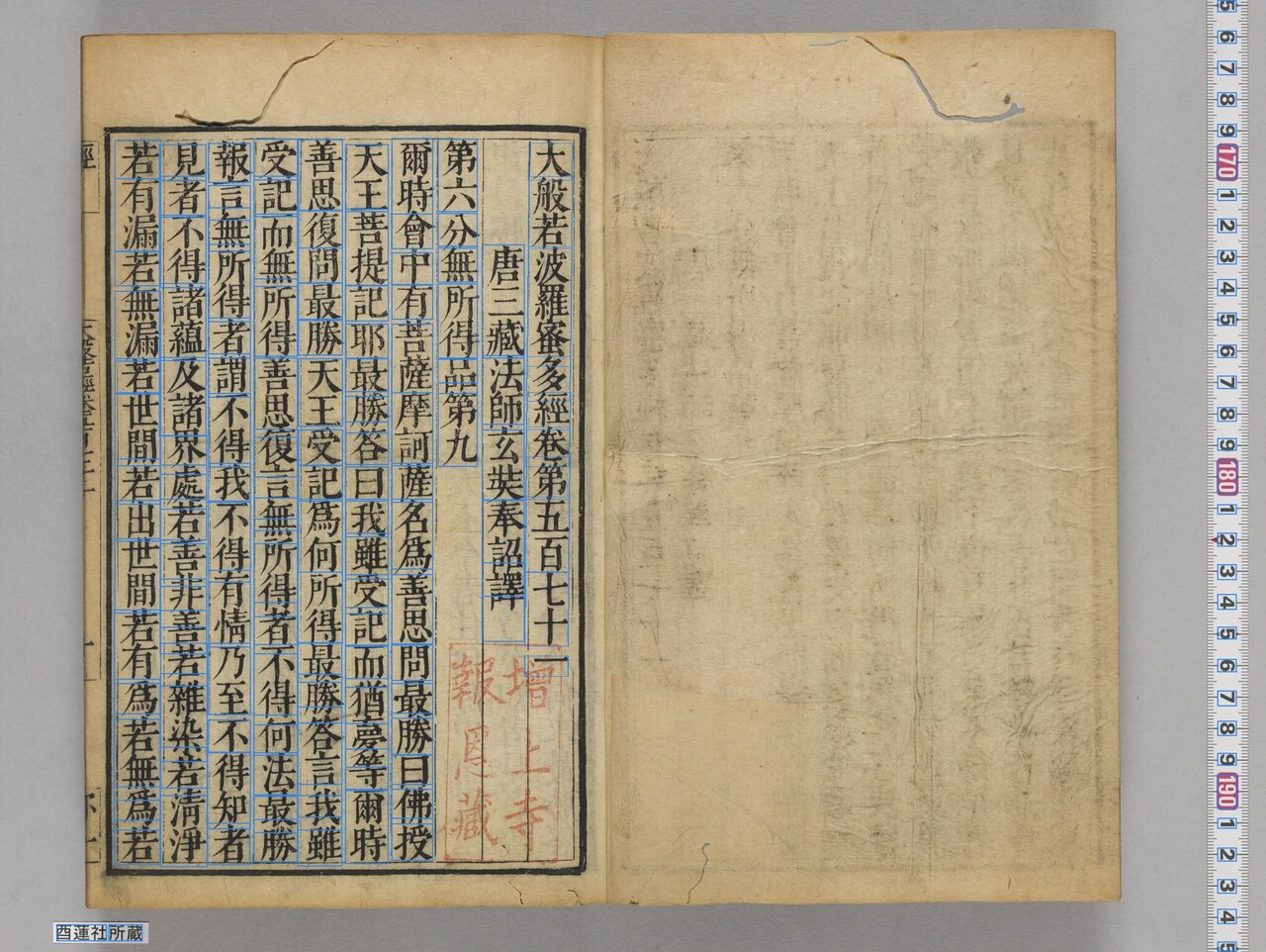 canvas 2: Vision API word-level bounding boxes. Body characters, the ruler digits at right, the bottom-left shelf label "酉蓮社所蔵", and the central seal "增上寺報恩藏" are all detected as comparable word boxes