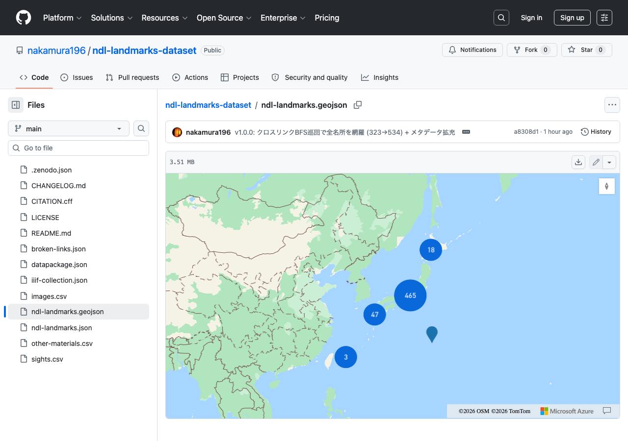 GitHub 上でのデータセット。GeoJSON を開くと名所がクラスタ表示された地図がそのまま描画される