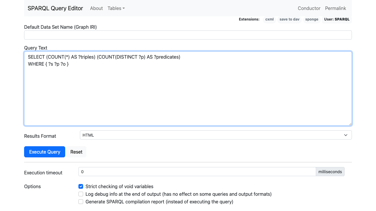 Virtuoso の SPARQL Query Editor のスクリーンショット。上から Default Data Set Name (Graph IRI) の入力欄、Query Text の大きなテキストエリア（トリプル数と述語の種類数を数える SPARQL クエリ SELECT (COUNT(*) AS ?triples) (COUNT(DISTINCT ?p) AS ?predicates) WHERE { ?s ?p ?o } が入力されている）、Results Format のプルダウン（HTML が選択されている）、Execute Query と Reset のボタン、Execution timeout の入力欄、Strict checking of void variables などのオプションのチェックボックスが並んでいる。
