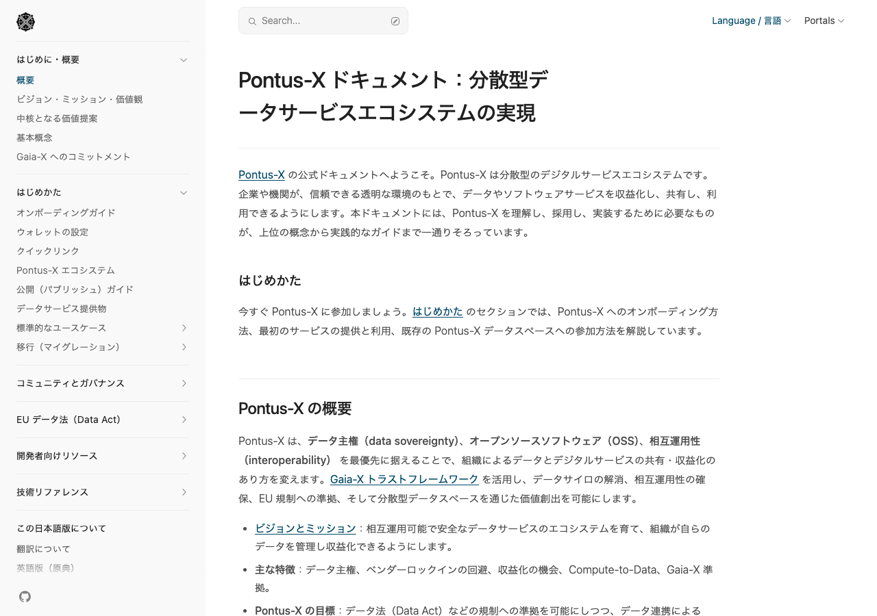 Pontus-X ドキュメント日本語版の「概要」ページ。左サイドバーの見出しが「はじめに・概要」「はじめかた」「コミュニティとガバナンス」「EU データ法（Data Act）」「開発者向けリソース」「技術リファレンス」と日本語になっており、ページ見出しも「Pontus-X ドキュメント：分散型データサービスエコシステムの実現」と訳されている。右上に「Language / 言語」の切替メニューがある