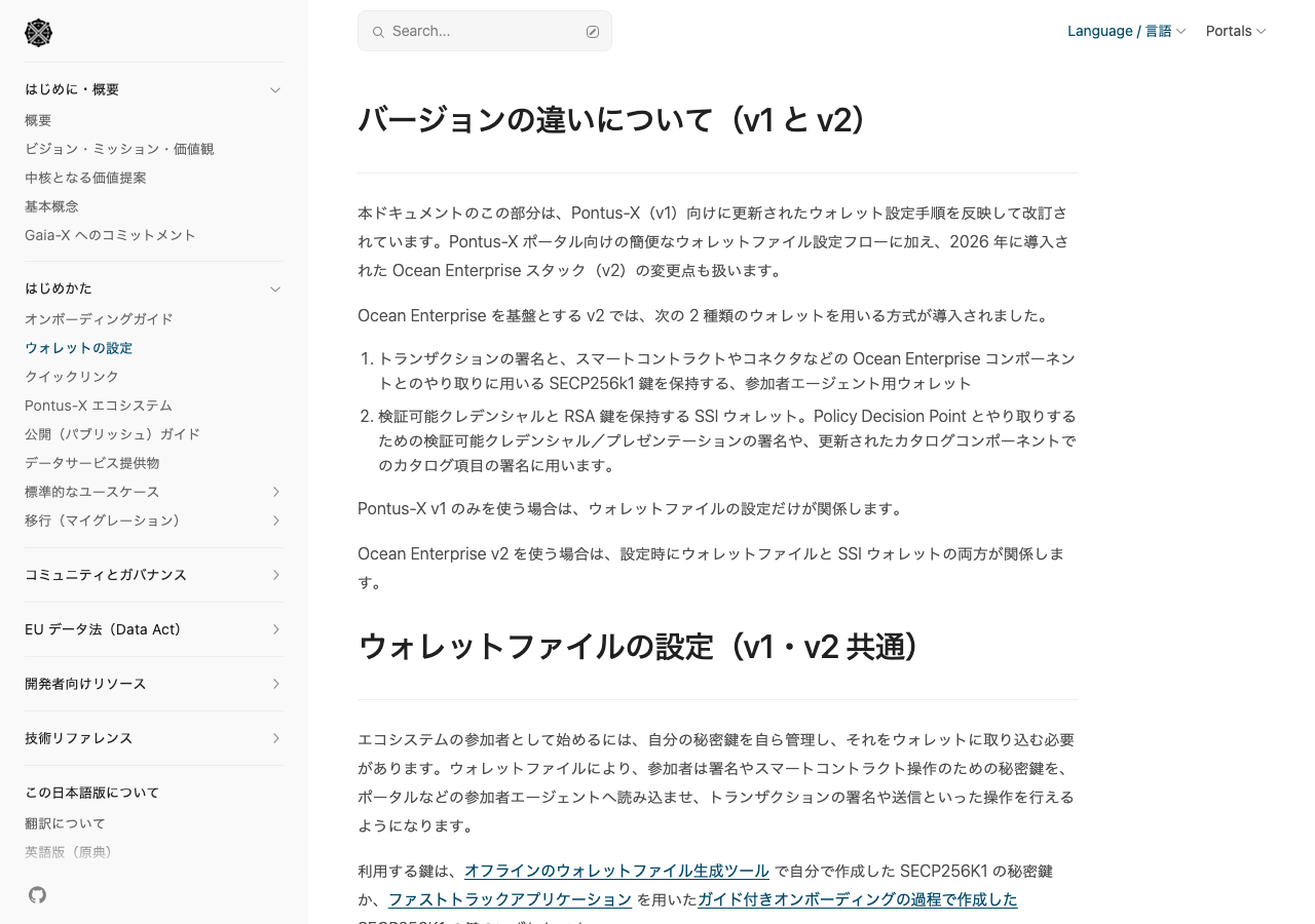 日本語版の「ウォレットの設定」ページ。v1 と v2 の違いを説明する本文が日本語になっており、左サイドバーでは「ウォレットの設定」が選択状態になっている。手順のスクリーンショットは原典のものをそのまま使っている