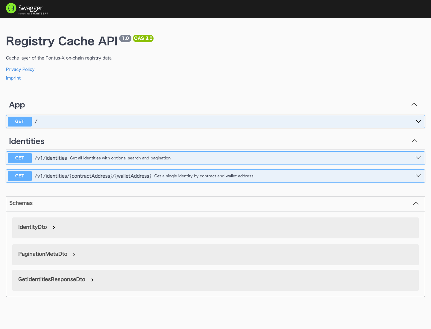 Registry Cache API の Swagger UI のスクリーンショット。タイトルは「Registry Cache API 1.0 / OAS 3.0」、説明文は「Cache layer of the Pontus-X on-chain registry data」。App グループに GET /、Identities グループに GET /v1/identities (Get all identities with optional search and pagination) と GET /v1/identities/{contractAddress}/{walletAddress} (Get a single identity by contract and wallet address) の 2 本が並び、下部の Schemas に IdentityDto、PaginationMetaDto、GetIdentitiesResponseDto が表示されている。