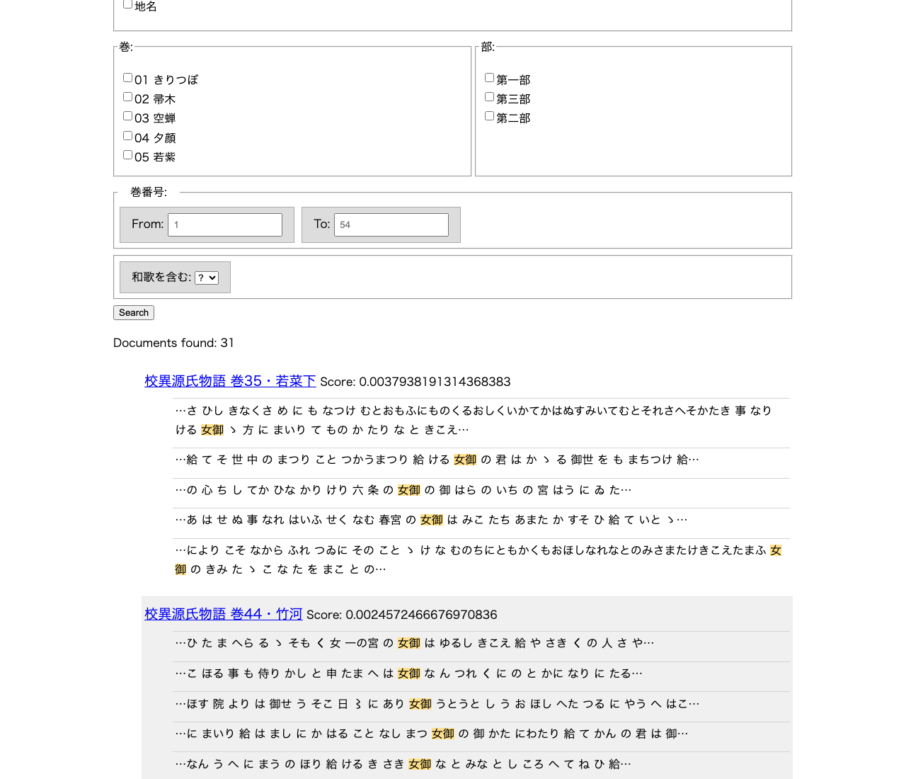 staticSearch の検索結果画面。「女御」で検索した結果、「Documents found: 31」と表示され、「校異源氏物語 巻35・若菜下」などの見出しの下に、女御の部分が黄色くハイライトされた文脈が並んでいる